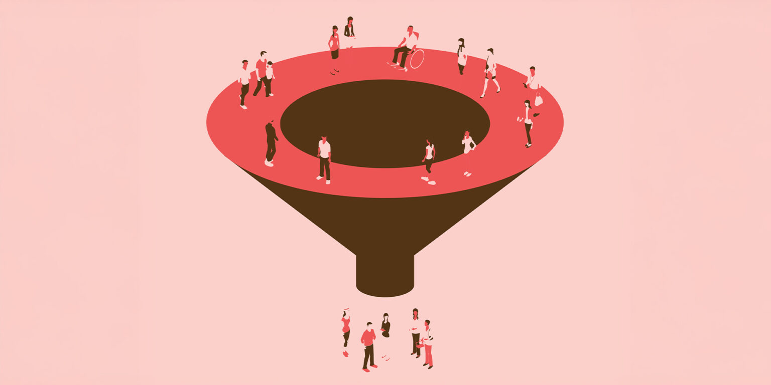 Illustration showing a funnel with a group of people on the top edge and several people at the bottom of the funnel