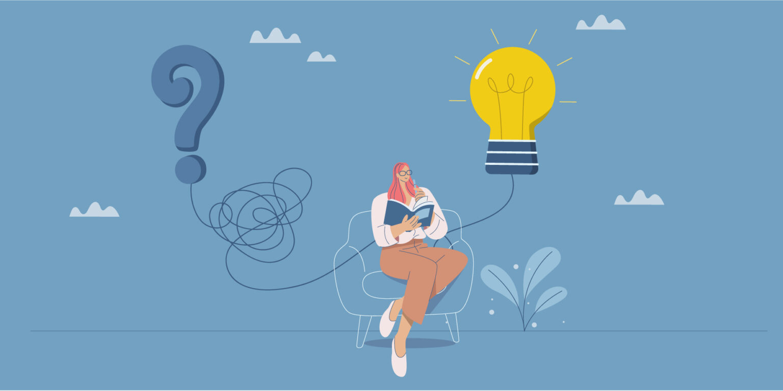 Illustration showing woman sitting with a thought scribble one side and a lightbulb the other