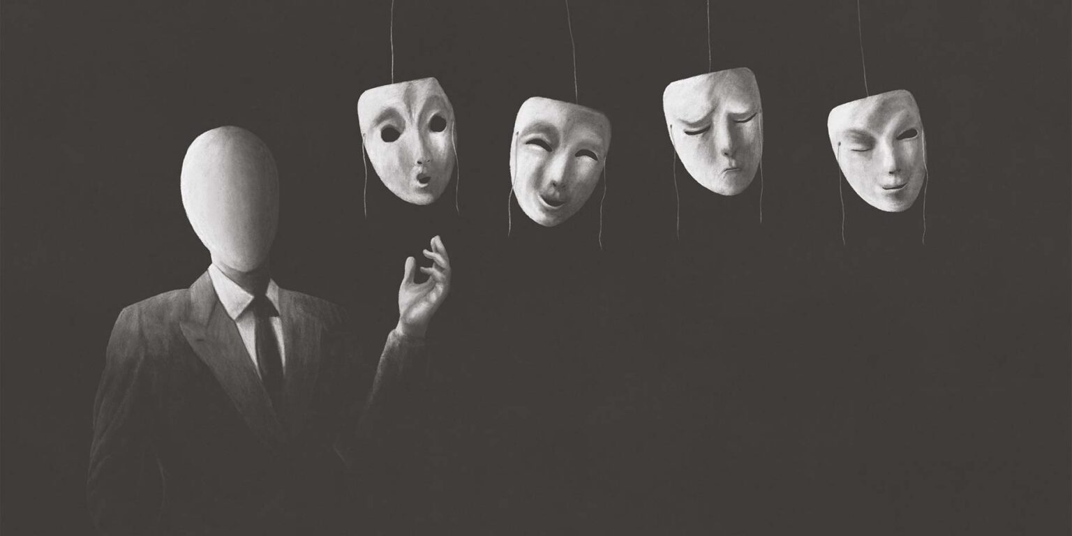 Image showing a mannequin in shadow with masks hanging next it that have a variety of expressions: shocked, happy, sad, mischievous