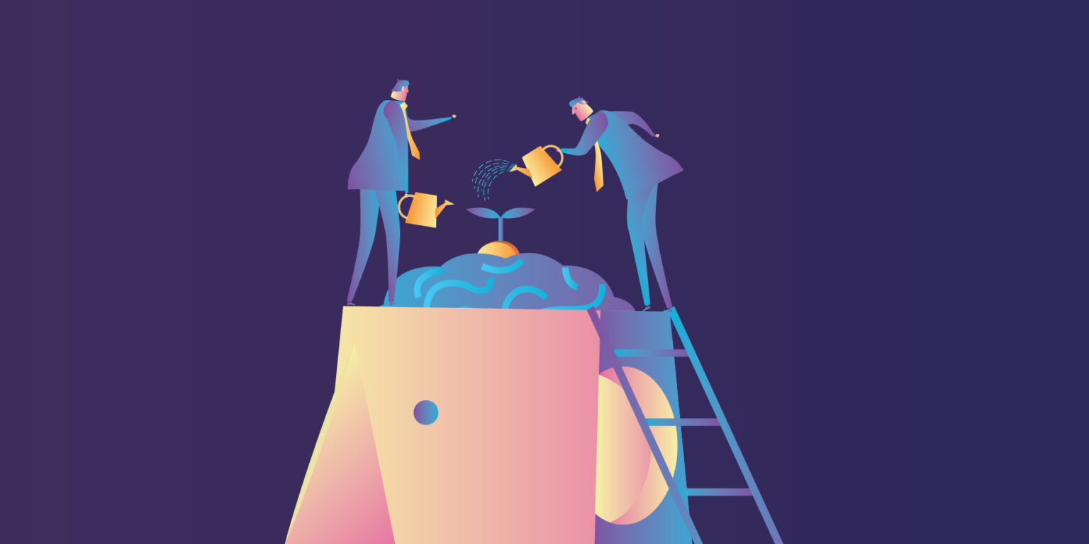 Illustration showing two people on top of a giant head, in which top of the brain can be seen. They are holding water cans and a green shoot is growing from the brain